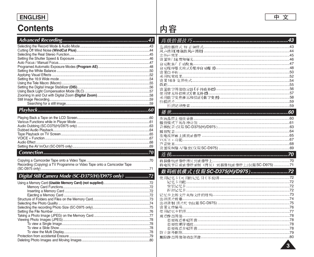 Samsung VP-D372WH/XEF, VP-D375W/XEF, VP-D371W/XEF, VP-D371/XEF, VP-D975W/XEF, VP-D371/XEE, VP-D371W/XEO, VP-D371W/XEE Contents 