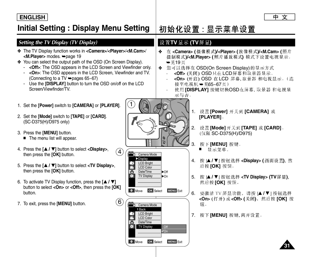 Samsung VP-D975W/XEO, VP-D375W/XEF, VP-D371W/XEF manual Setting the TV Display TV Display, Tv Tv, OSDOn Screen Display, 65~67 