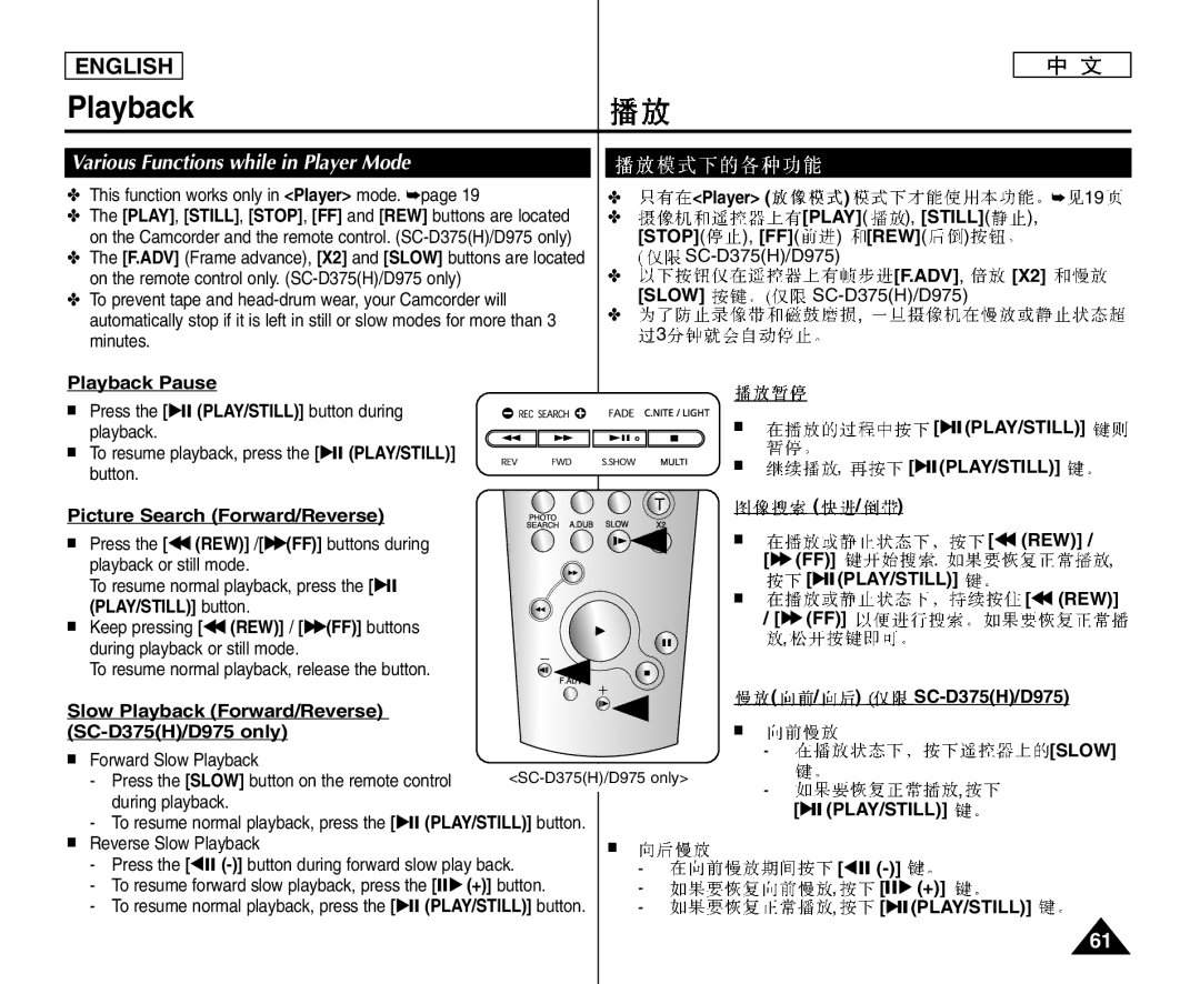 Samsung VP-D372WHI/UMG, VP-D375W/XEF, VP-D371W/XEF, VP-D371/XEF, VP-D372WH/XEF Various Functions while in Player Mode, Slow 