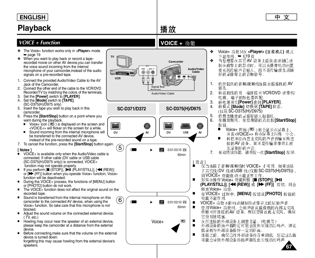 Samsung VP-D372WH/KNT, VP-D375W/XEF, VP-D371W/XEF manual Voice + Function, Voice+, PLAY/STILL, œœ REW, SC-D371/D372, Power 