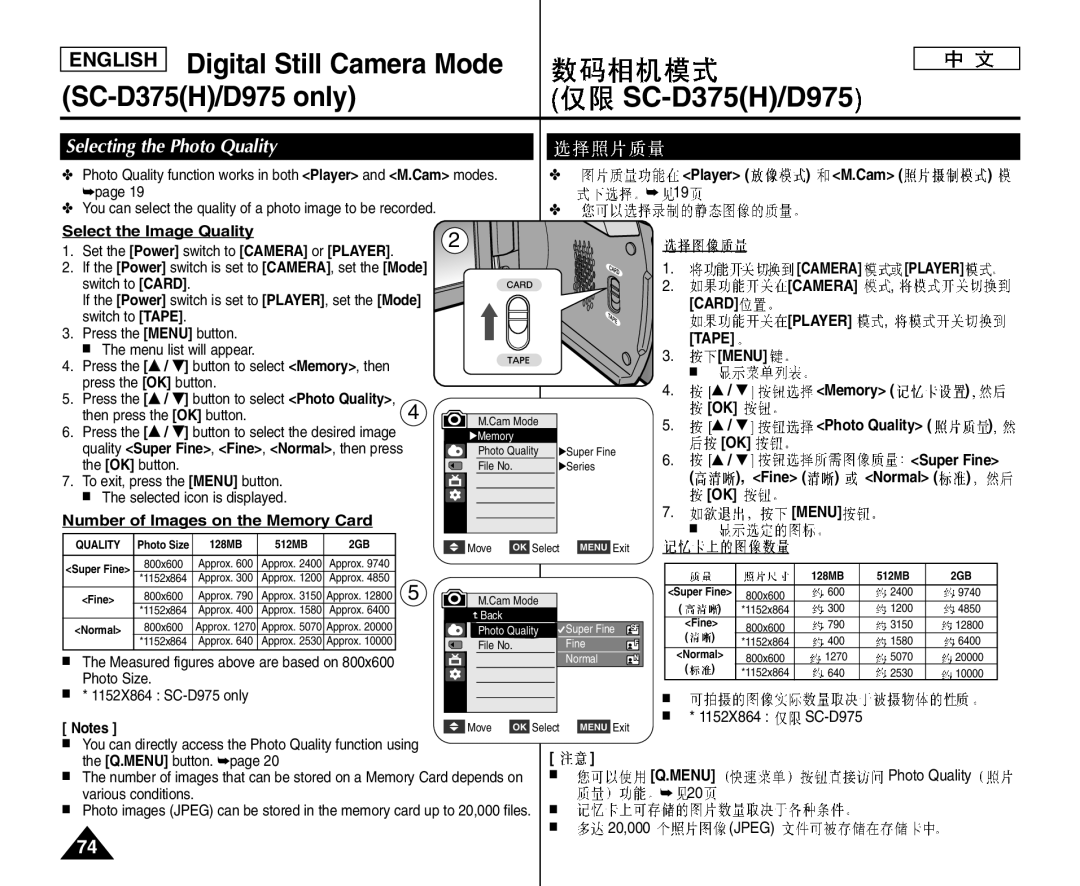 Samsung VP-D372WHI/HAC, VP-D375W/XEF manual Player Cam, Select the Image Quality, Number of Images on the Memory Card 