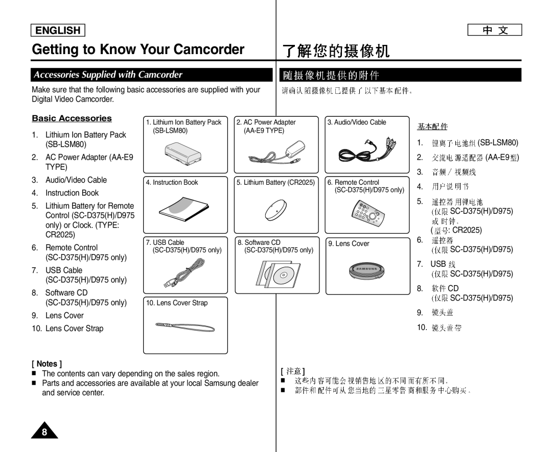 Samsung VP-D371/XEO manual Accessories Supplied with Camcorder, Basic Accessories, CR2025, Lens Cover Lens Cover Strap 