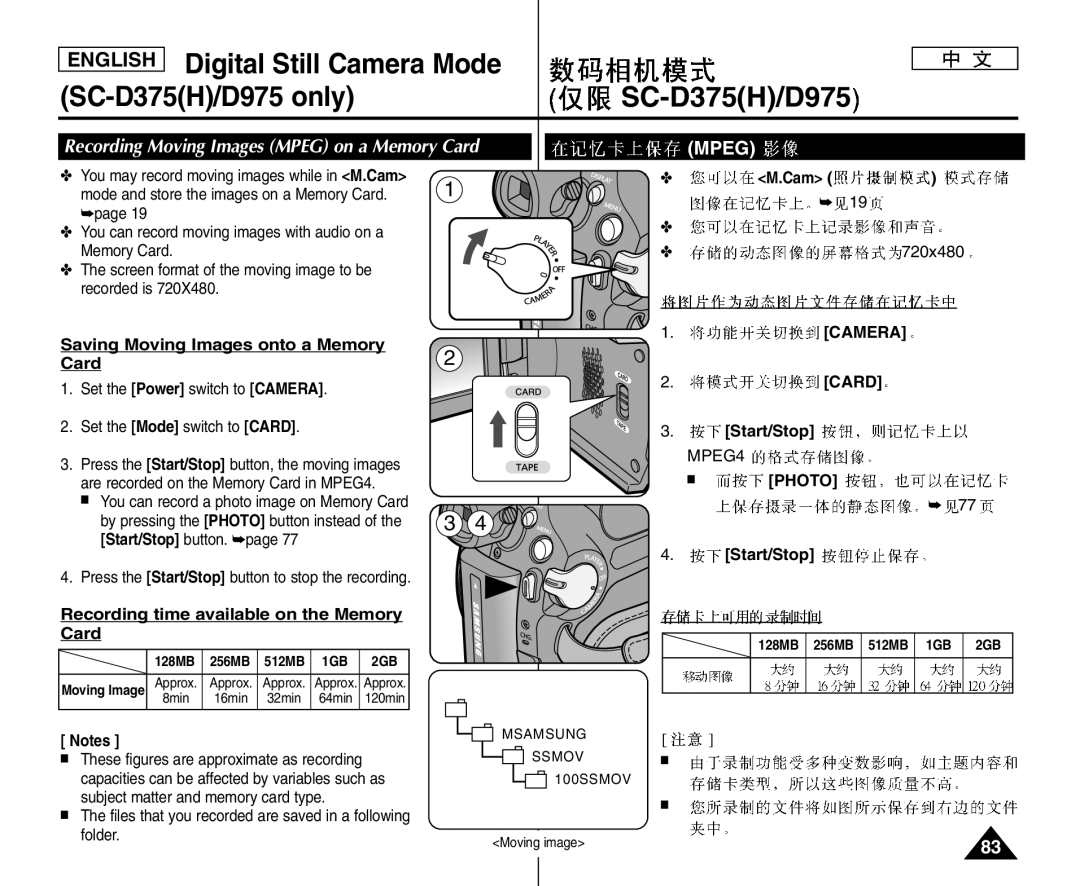 Samsung VP-D375W/NWT, VP-D375W/XEF, VP-D371W/XEF, VP-D371/XEF, VP-D372WH/XEF Recording Moving Images Mpeg on a Memory Card 