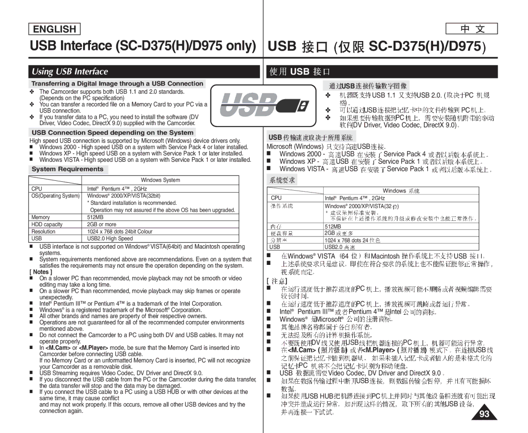 Samsung VP-D375W/XEU, VP-D375W/XEF manual USB Interface SC-D375H/D975 only USB, Using USB Interface, Usb, Cam M.Player USB 