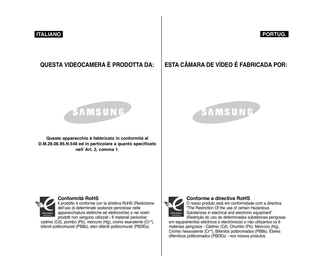 Samsung VP-D975W/XEF, VP-D375W/XEF, VP-D371W/XEF, VP-D371/XEF, VP-D372WH/XEF, VP-D371/XEE manual Conformità RoHS 