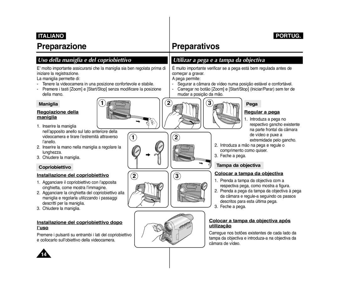 Samsung VP-D371/XEF, VP-D375W/XEF, VP-D371W/XEF manual PreparazionePreparativos, Uso della maniglia e del copriobiettivo 