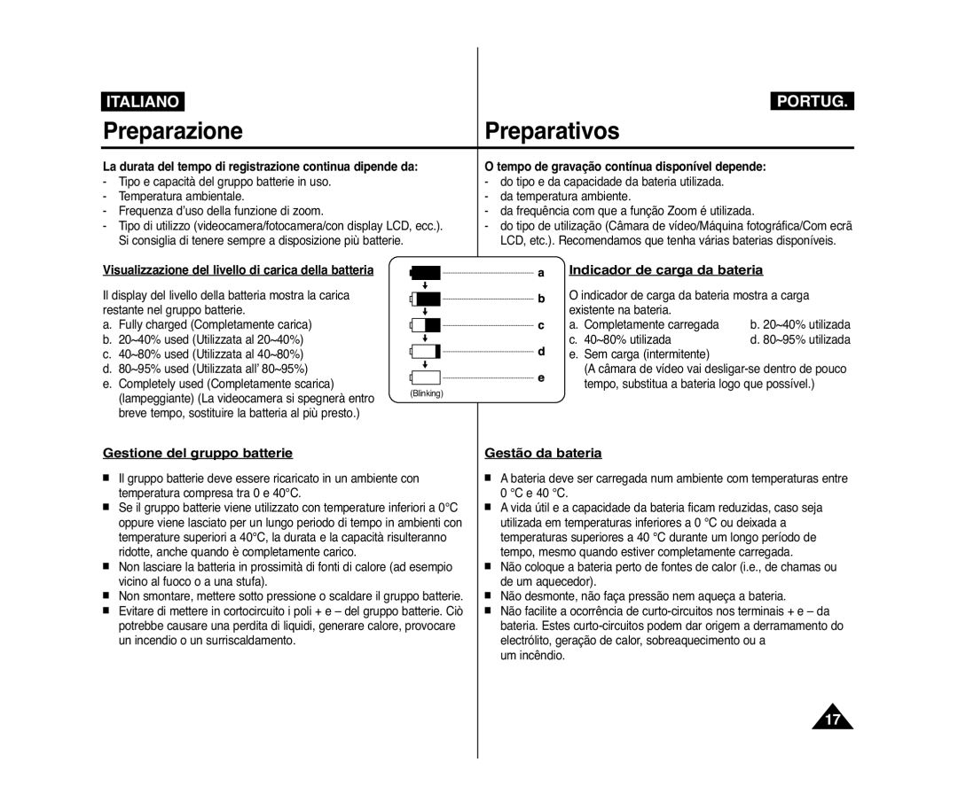 Samsung VP-D371/XEE, VP-D375W/XEF manual Indicador de carga da bateria, Gestione del gruppo batterie, Gestão da bateria 