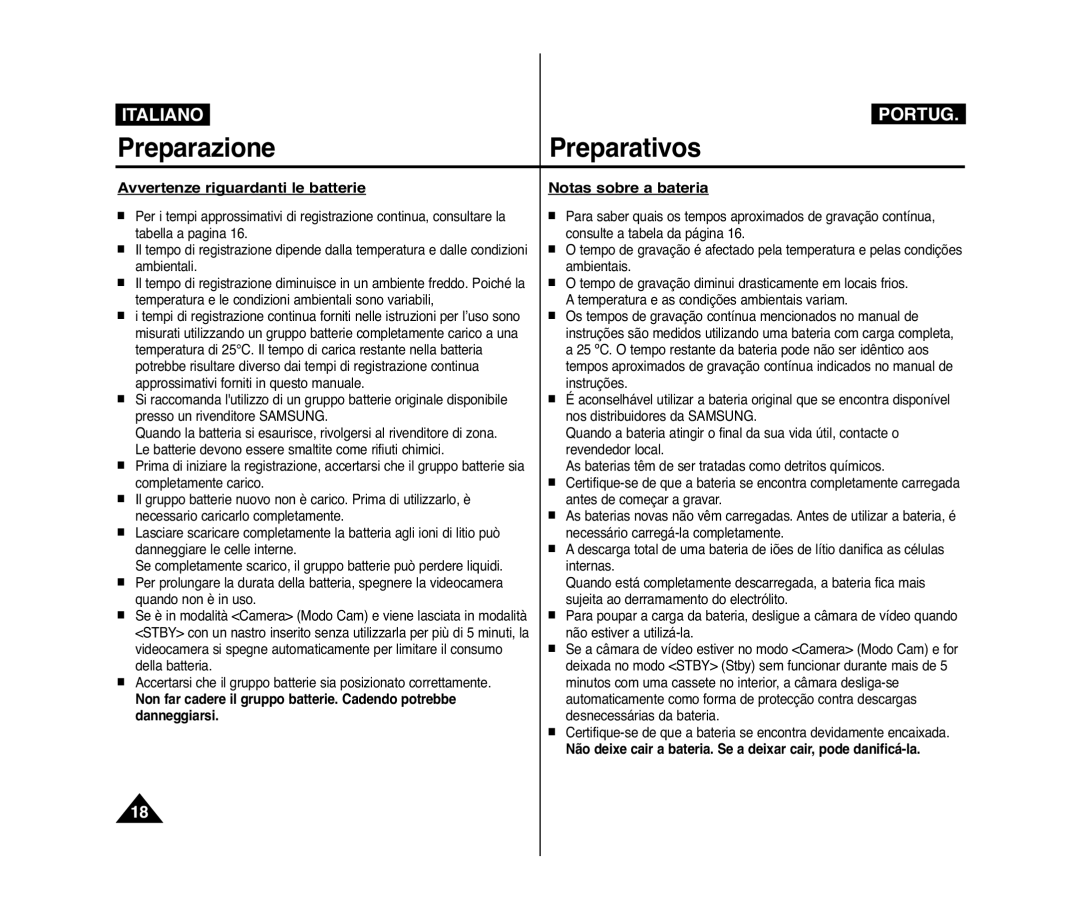 Samsung VP-D375W/XEF, VP-D371W/XEF, VP-D371/XEF, VP-D372WH/XEF Avvertenze riguardanti le batterie, Notas sobre a bateria 