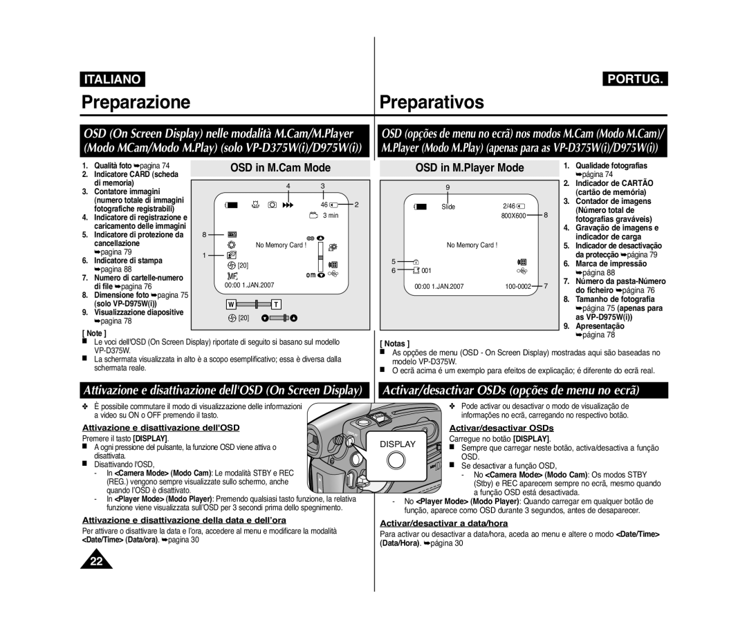 Samsung VP-D975W/XEF, VP-D375W/XEF, VP-D371W/XEF, VP-D371/XEF, VP-D372WH/XEF Activar/desactivar OSDs opções de menu no ecrã 