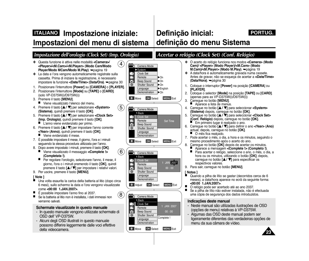 Samsung VP-D371/XEE Impostazione iniziale Definição inicial, Impostazioni del menu di sistema Definição do menu Sistema 