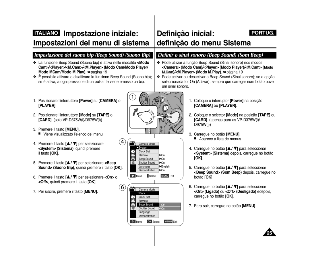 Samsung VP-D371W/XEF manual Definir o sinal sonoro Beep Sound Som Beep, Impostazione del suono bip Beep Sound Suono Bip 