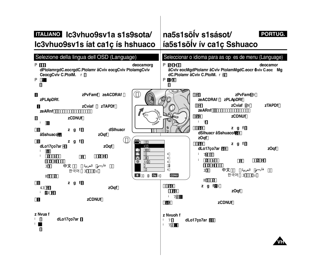 Samsung VP-D372WH/XEF manual Selezione della lingua dell’OSD Language, Seleccionar o idioma para as opções de menu Language 