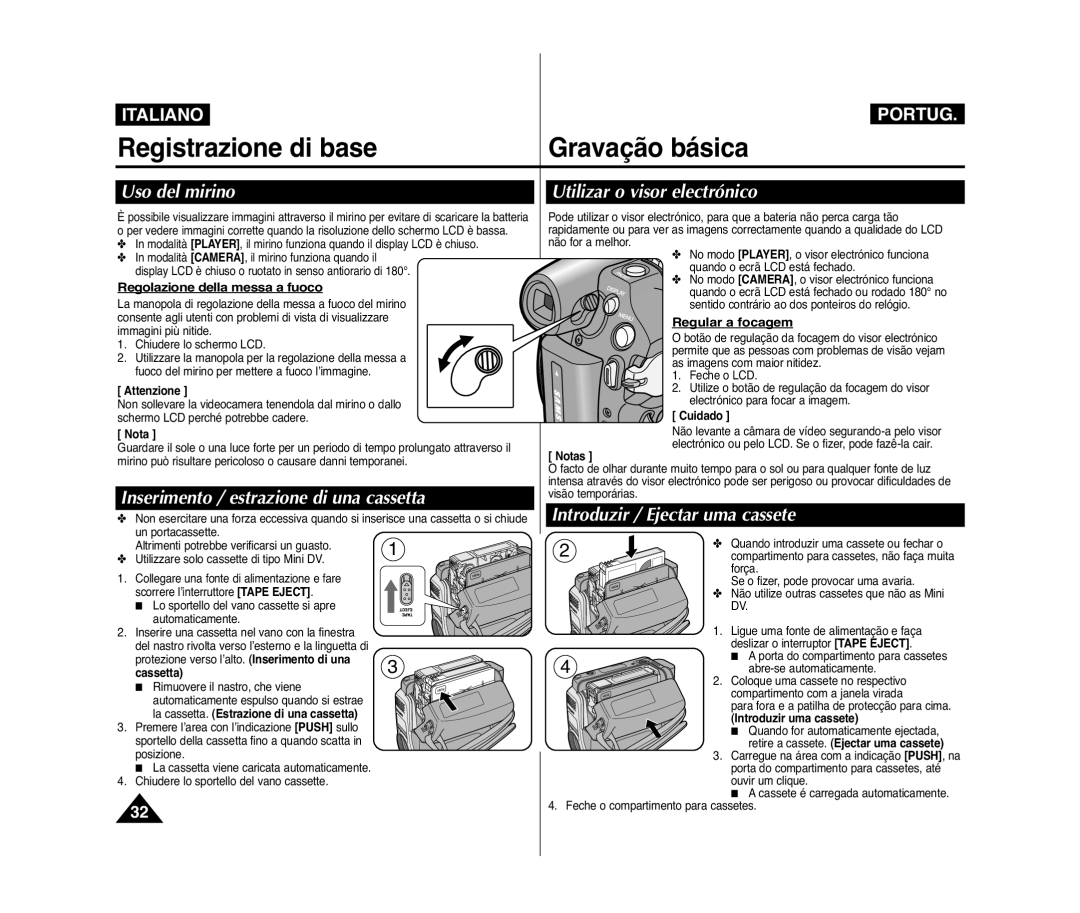 Samsung VP-D371/XEF manual Registrazione di base Gravação básica, Uso del mirino, Inserimento / estrazione di una cassetta 