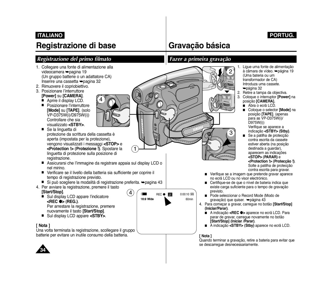 Samsung VP-D975W/XEF, VP-D375W/XEF, VP-D371W/XEF, VP-D371/XEF Registrazione del primo filmato, Fazer a primeira gravação 