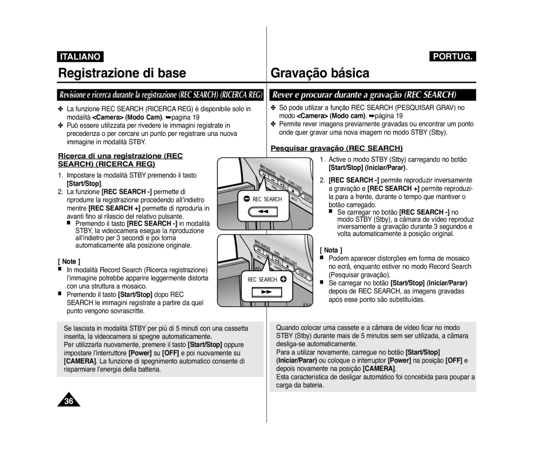 Samsung VP-D375W/XEF, VP-D371W/XEF manual Rever e procurar durante a gravação REC Search, Ricerca di una registrazione REC 