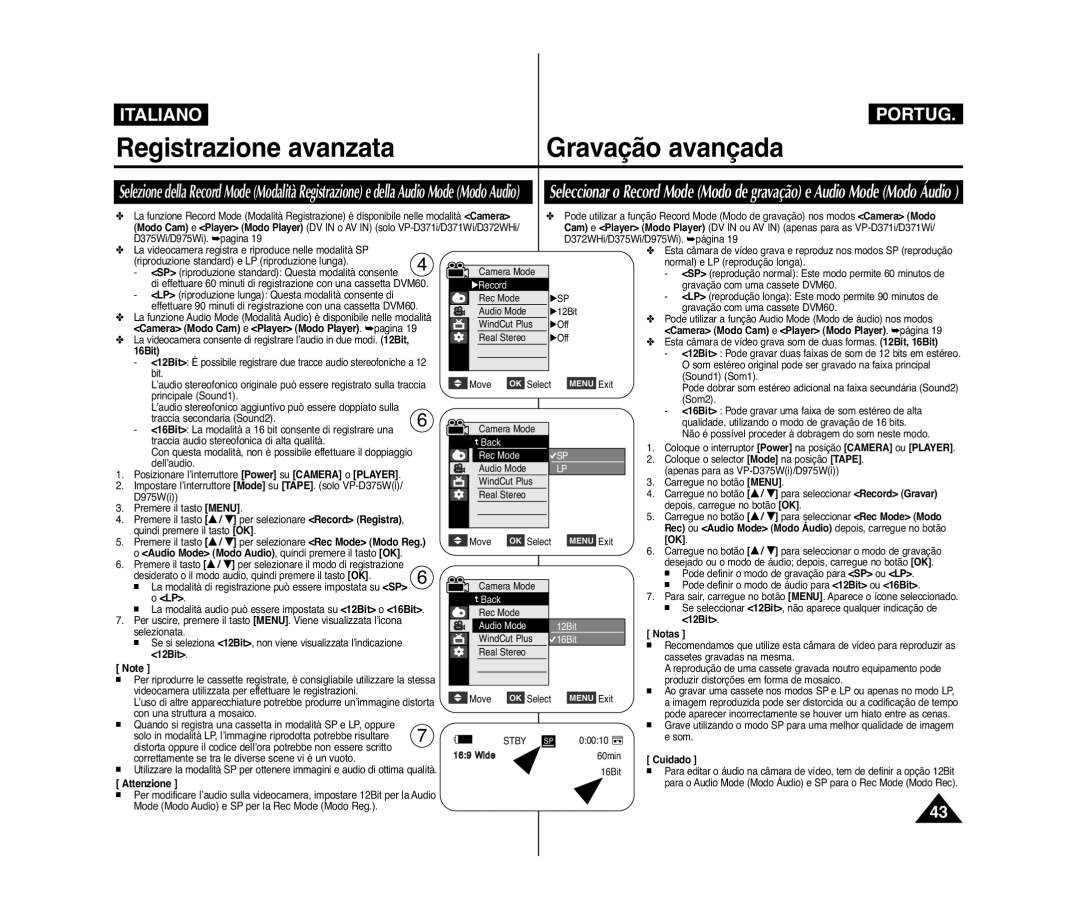 Samsung VP-D371W/XEF, VP-D375W/XEF, VP-D371/XEF, VP-D372WH/XEF, VP-D371/XEE Registrazione avanzata Gravação avançada, √Record 