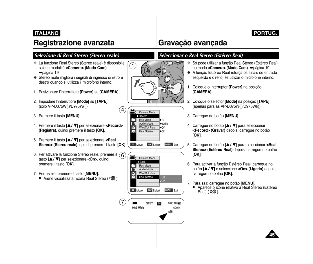 Samsung VP-D372WH/XEF, VP-D375W/XEF manual Selezione di Real Stereo Stereo reale, Seleccionar o Real Stereo Estéreo Real 