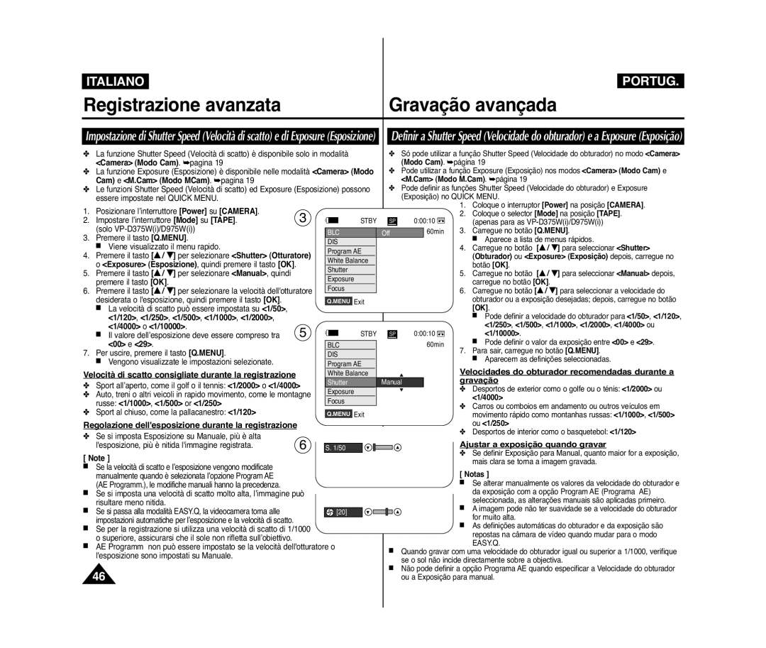 Samsung VP-D975W/XEF Velocità di scatto consigliate durante la registrazione, Gravação, Ajustar a exposição quando gravar 