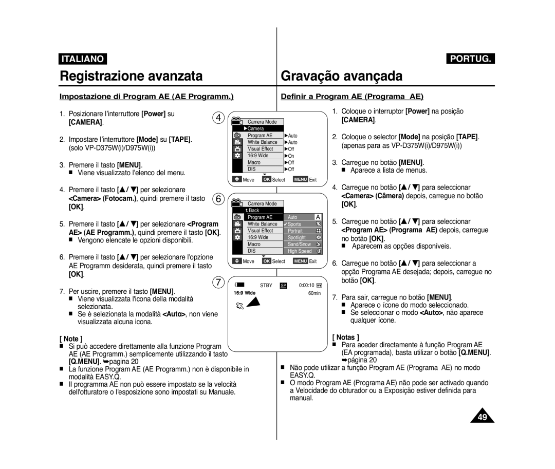 Samsung VP-D371W/XEF, VP-D375W/XEF, VP-D371/XEF, VP-D372WH/XEF, VP-D975W/XEF Program AE Programa AE depois, carregue, Easy.Q 