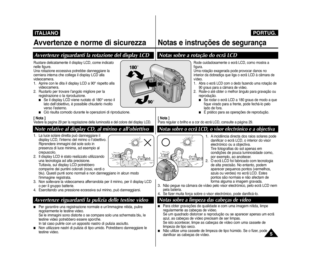 Samsung VP-D371/XEE, VP-D375W/XEF manual Notas sobre a rotação do ecrã LCD, Notas sobre a limpeza das cabeças de vídeo 