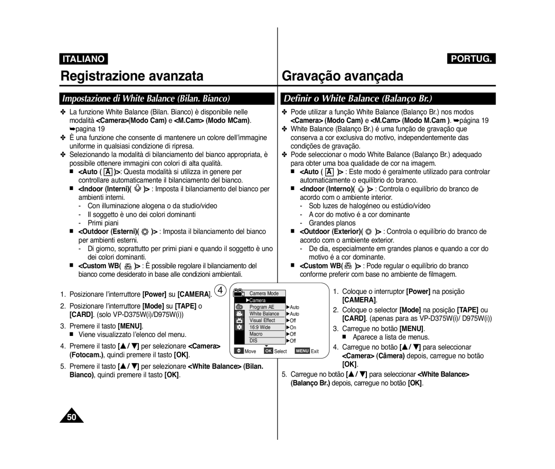 Samsung VP-D371/XEF, VP-D375W/XEF manual Impostazione di White Balance Bilan. Bianco, Definir o White Balance Balanço Br 