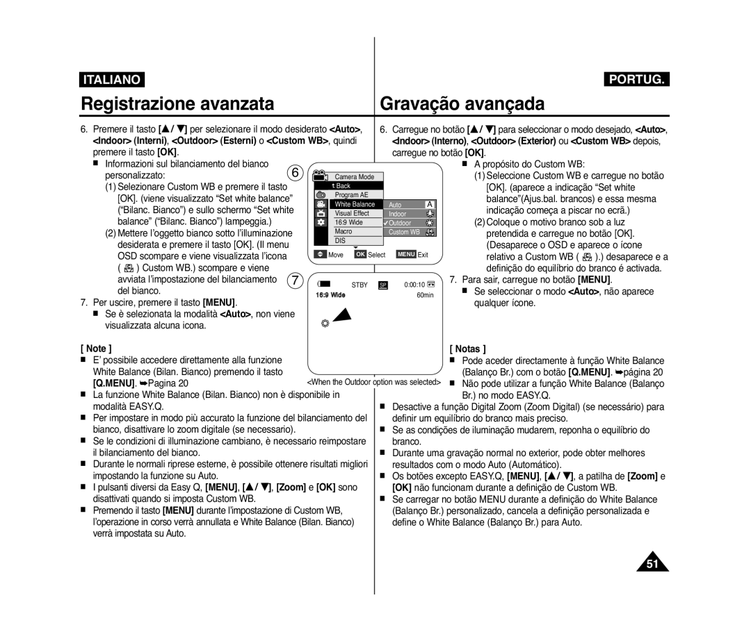 Samsung VP-D372WH/XEF, VP-D375W/XEF, VP-D371W/XEF, VP-D371/XEF, VP-D975W/XEF manual Selezionare Custom WB e premere il tasto 