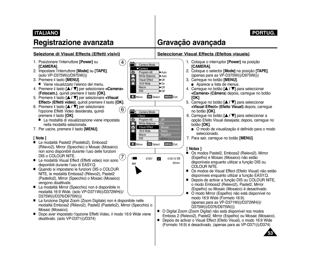 Samsung VP-D371/XEE, VP-D375W/XEF Selezione di Visual Effects Effetti visivi, Seleccionar Visual Effects Efeitos visuais 