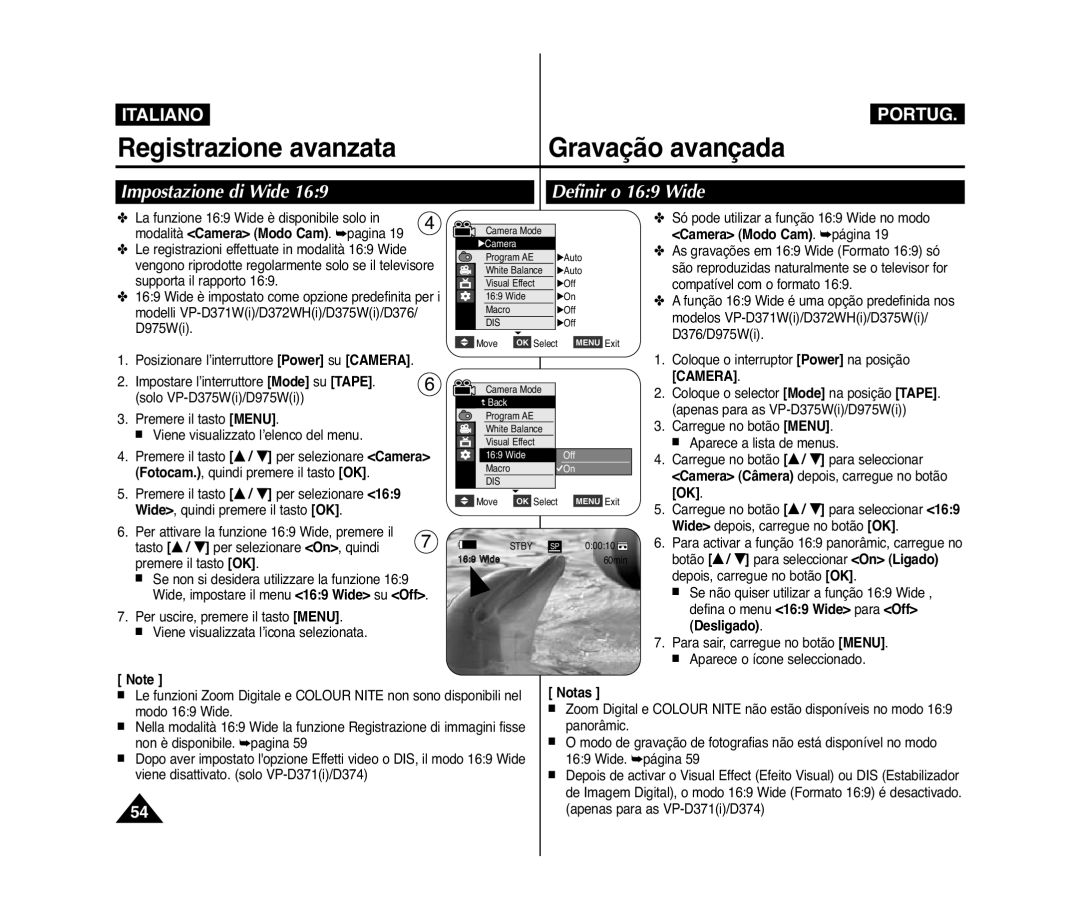 Samsung VP-D375W/XEF, VP-D371W/XEF, VP-D371/XEF, VP-D372WH/XEF manual Impostazione di Wide, Definir o 169 Wide, Desligado 