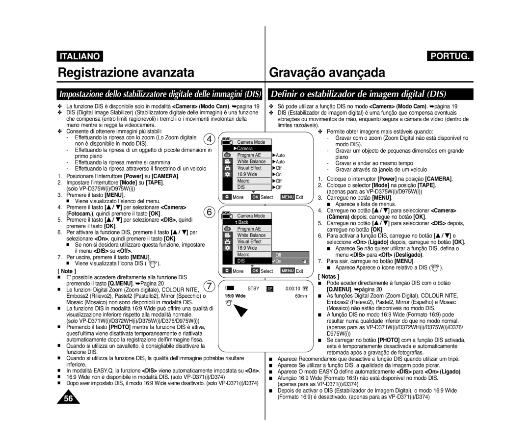 Samsung VP-D371/XEF, VP-D375W/XEF, VP-D371W/XEF Definir o estabilizador de imagem digital DIS, Menu DIS para Off Desligado 