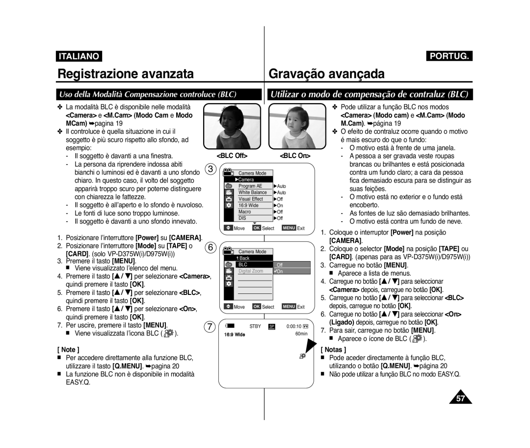 Samsung VP-D372WH/XEF, VP-D375W/XEF, VP-D371W/XEF, VP-D371/XEF manual Registrazione avanzata Gravação avançada, BLC Off BLC On 