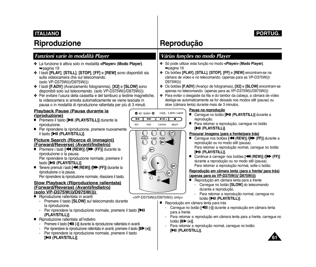 Samsung VP-D371W/XEF, VP-D375W/XEF, VP-D371/XEF, VP-D372WH/XEF, VP-D975W/XEF, VP-D371/XEE manual RiproduzioneReprodução 