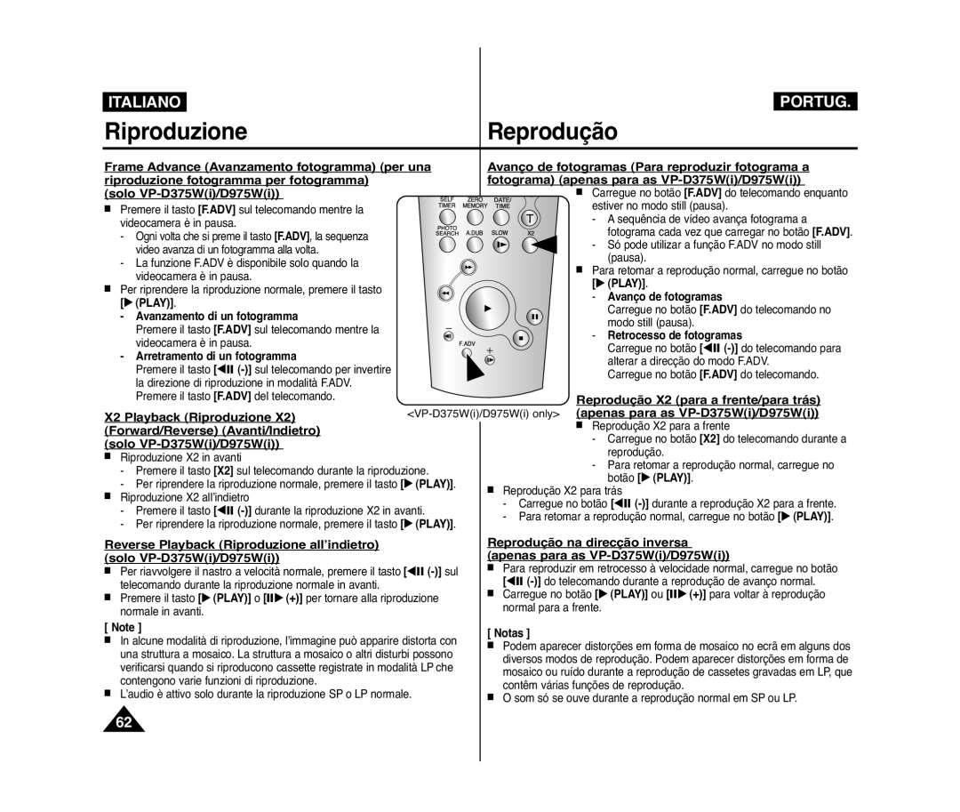 Samsung VP-D371/XEF, VP-D375W/XEF, VP-D371W/XEF, VP-D372WH/XEF, VP-D975W/XEF manual Reprodução X2 para a frente/para trás 