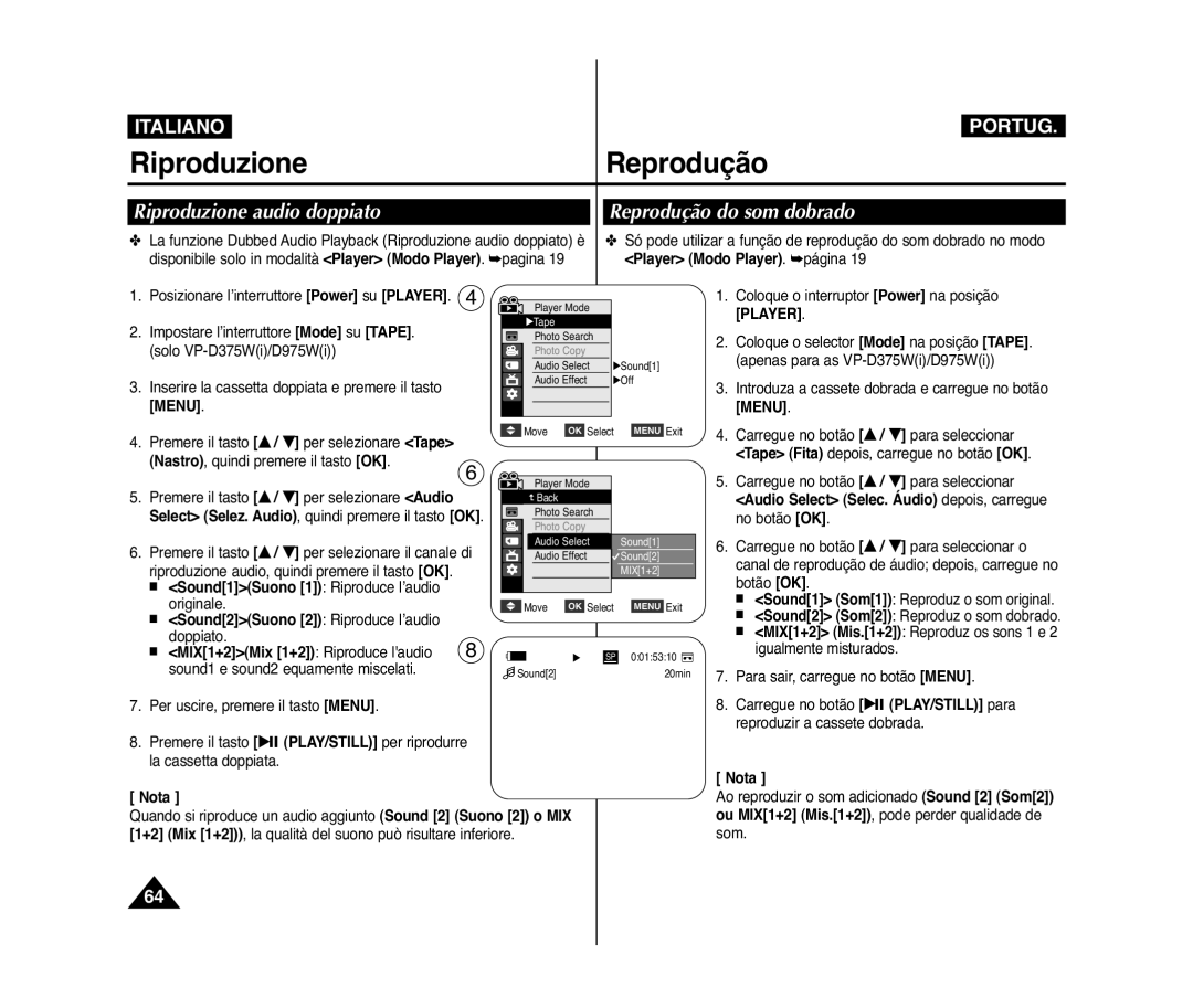 Samsung VP-D975W/XEF, VP-D375W/XEF manual Riproduzione audio doppiato Reprodução do som dobrado, Player Modo Player. página 