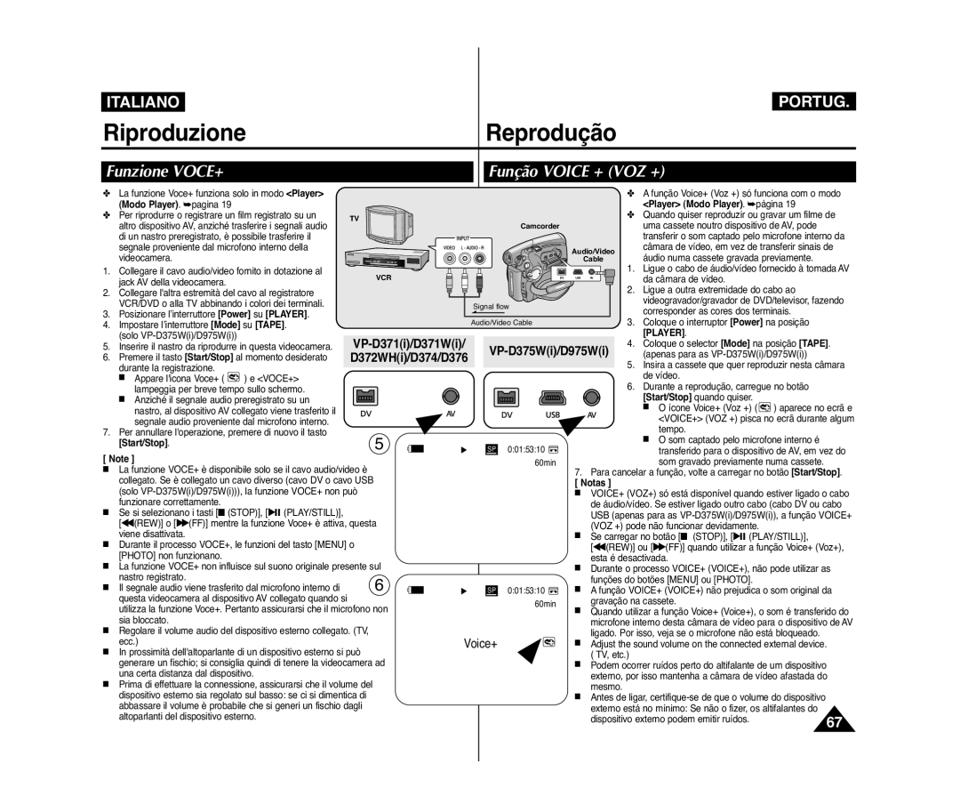 Samsung VP-D371W/XEF, VP-D375W/XEF Funzione VOCE+ Função Voice + VOZ +, D372WHi/D374/D376 VP-D375Wi/D975Wi, Start/Stop 