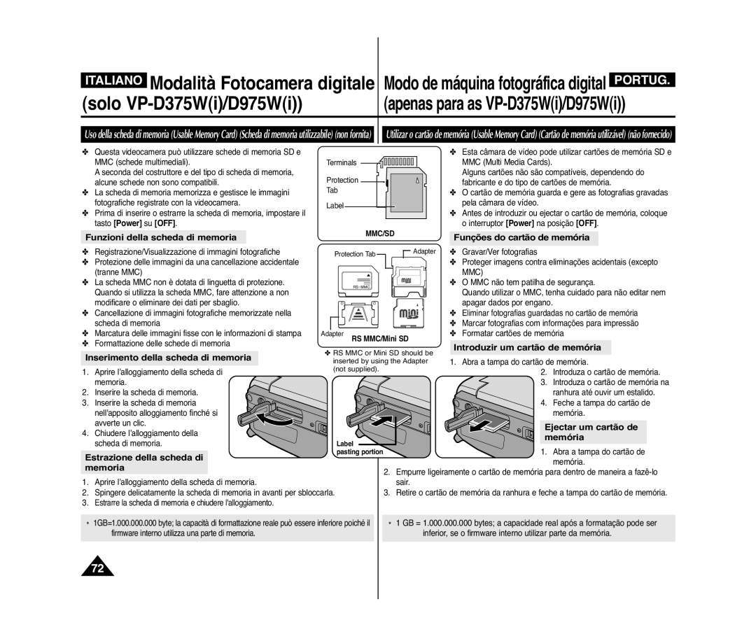 Samsung VP-D375W/XEF manual Funzioni della scheda di memoria, Funções do cartão de memória, Introduzir um cartão de memória 