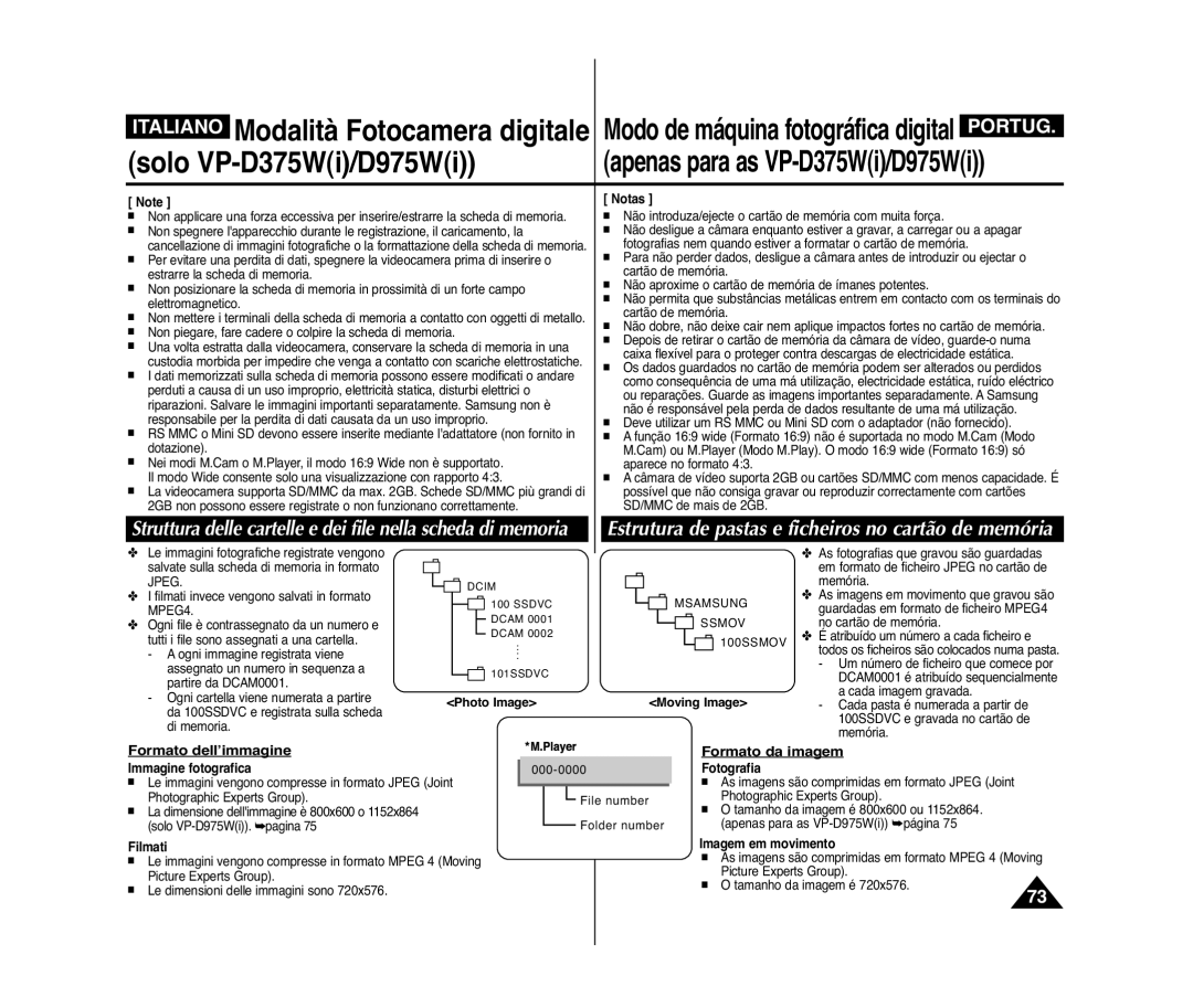 Samsung VP-D371W/XEF manual Estrutura de pastas e ficheiros no cartão de memória, Formato dell’immagine, Formato da imagem 