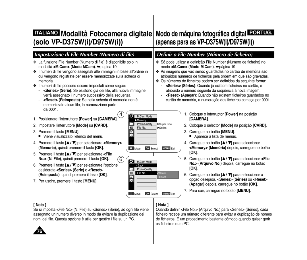 Samsung VP-D975W/XEF, VP-D375W/XEF Impostazione di File Number Numero di file, Definir o File Number Número de ficheiro 