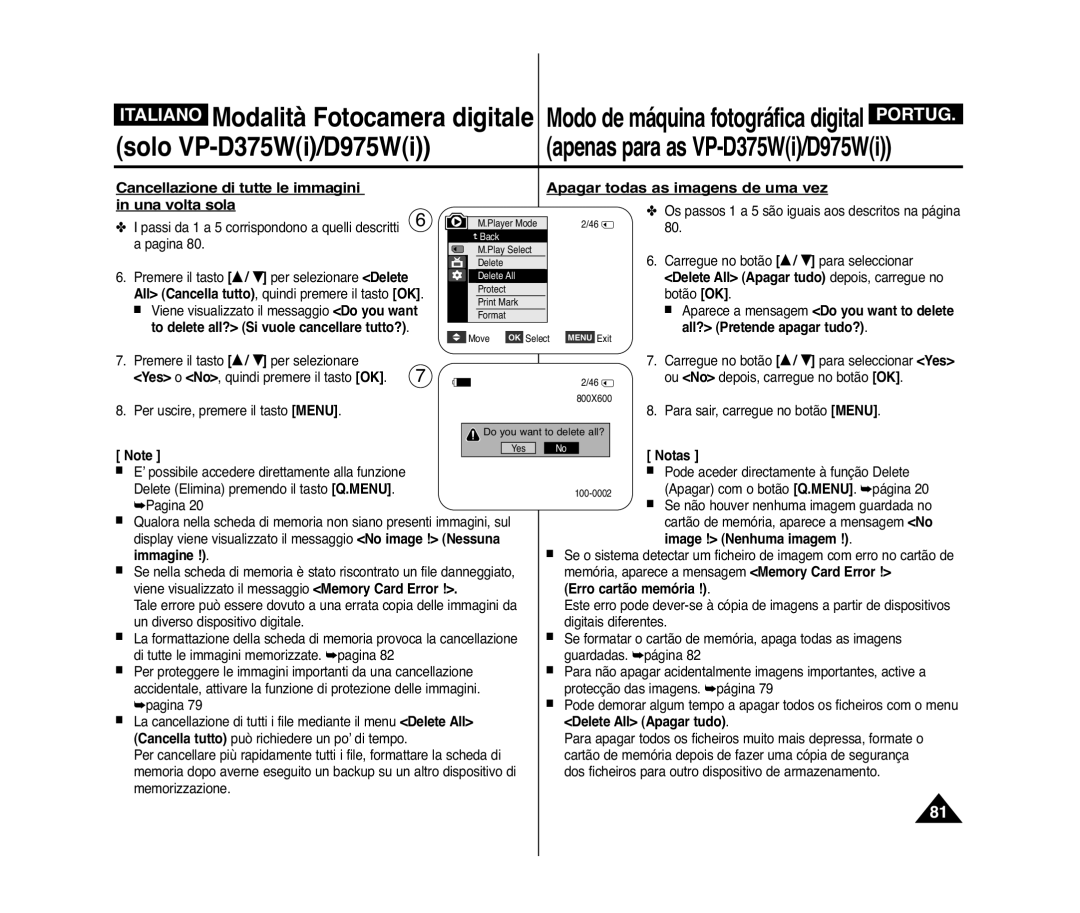 Samsung VP-D372WH/XEF, VP-D375W/XEF manual Image ! Nenhuma imagem, Immagine, Erro cartão memória, Delete All Apagar tudo 