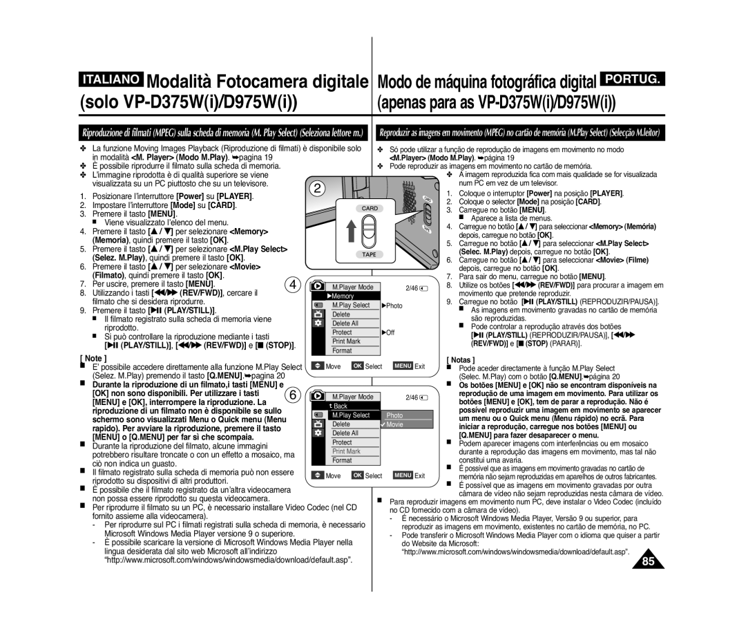 Samsung VP-D371W/XEF manual √ PLAY/STILL , œœ/ √√ REV/FWD e Stop, Durante la riproduzione di un filmato,i tasti Menu e 