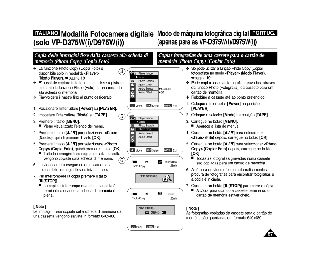 Samsung VP-D372WH/XEF, VP-D375W/XEF, VP-D371W/XEF, VP-D371/XEF, VP-D975W/XEF, VP-D371/XEE manual Modo Player. pagina, Stop 