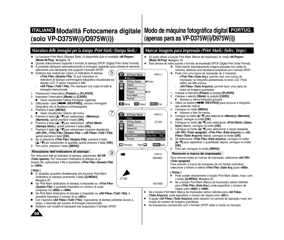 Samsung VP-D975W/XEF, VP-D375W/XEF, VP-D371W/XEF manual Rimozione dell’indicatore di stampa, Remover a marca de impressão 