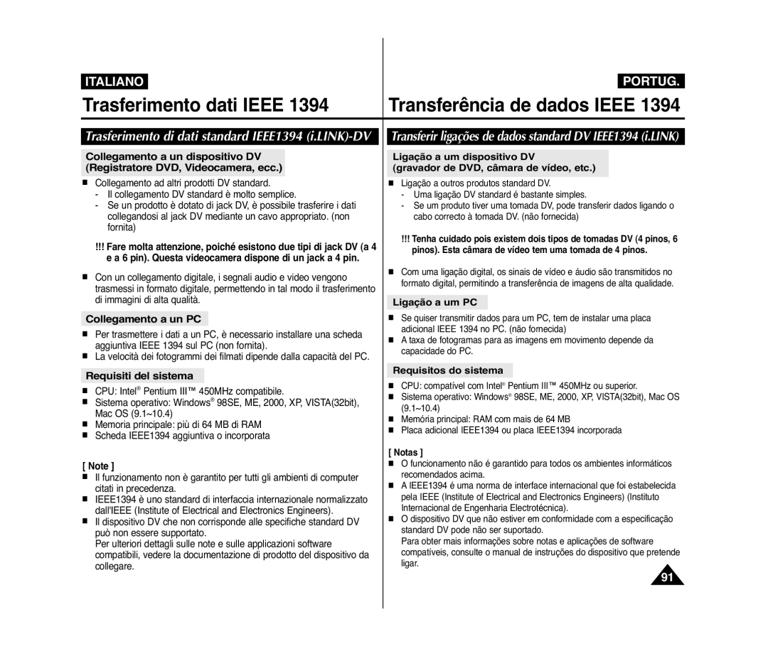 Samsung VP-D371W/XEF, VP-D375W/XEF, VP-D371/XEF, VP-D372WH/XEF manual Trasferimento dati Ieee Transferência de dados Ieee 