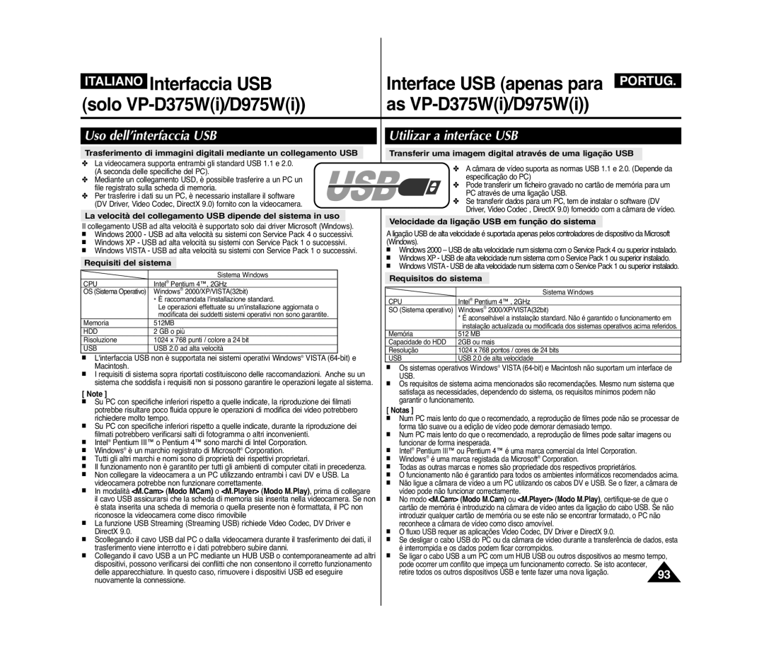 Samsung VP-D372WH/XEF manual Italiano Interfaccia USB, Solo VP-D375Wi/D975Wi As VP-D375Wi/D975Wi, Uso dell’interfaccia USB 