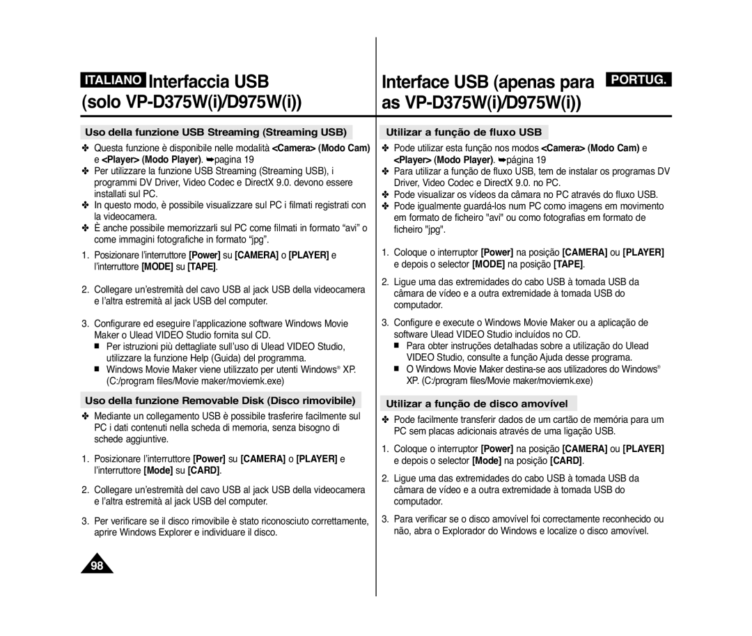 Samsung VP-D371/XEF, VP-D375W/XEF manual Uso della funzione USB Streaming Streaming USB, Utilizar a função de fluxo USB 