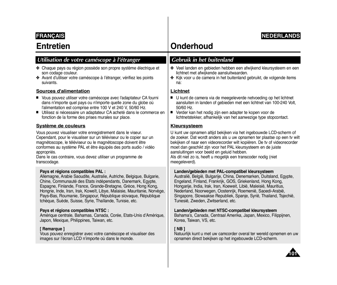 Samsung VP-D371/XEF, VP-D375W/XEF, VP-D371W/XEF manual Utilisation de votre caméscope à l’étranger, Gebruik in het buitenland 