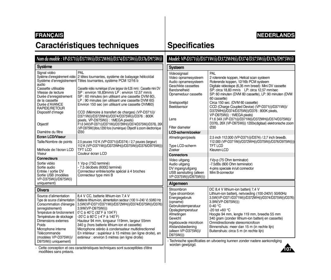 Samsung VP-D371/XEF, VP-D375W/XEF manual Caractéristiques techniques Specificaties, Système, Systeem, Algemeen Divers 