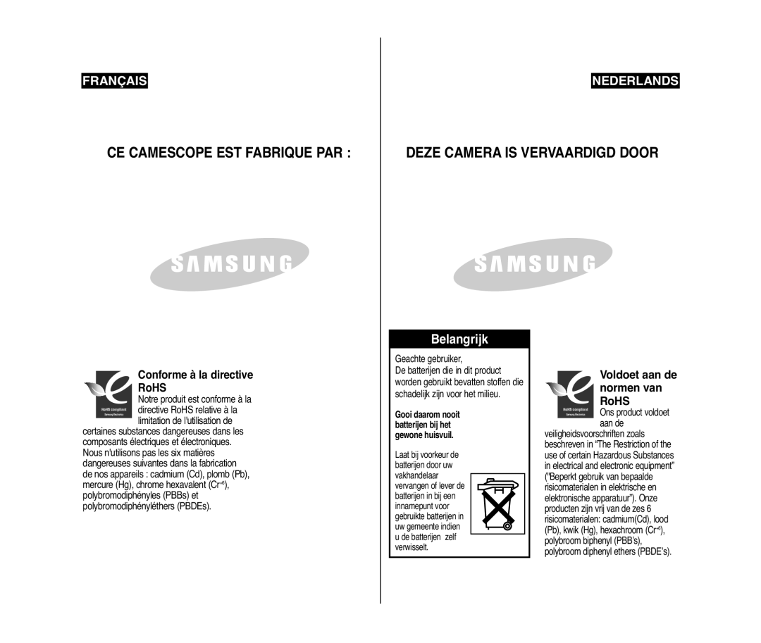 Samsung VP-D375W/XEF, VP-D371W/XEF, VP-D371/XEF manual Conforme à la directive RoHS, Voldoet aan de normen van RoHS 