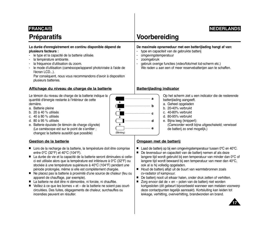 Samsung VP-D371/XEF, VP-D375W/XEF, VP-D371W/XEF manual Gestion de la batterie Omgaan met de batterij 