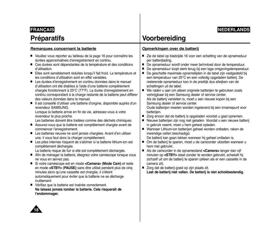 Samsung VP-D375W/XEF, VP-D371W/XEF, VP-D371/XEF manual Remarques concernant la batterie, Opmerkingen over de batterij 