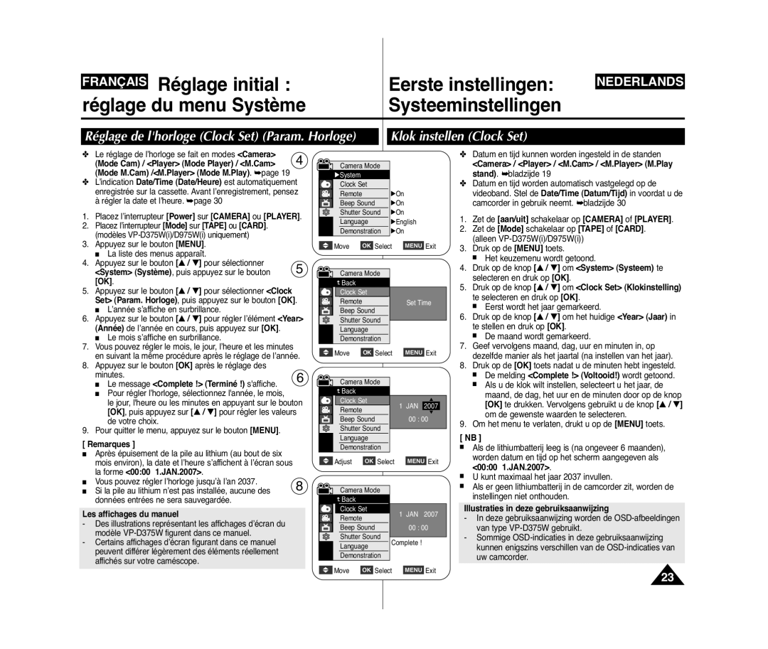 Samsung VP-D371/XEF, VP-D375W/XEF, VP-D371W/XEF manual Réglage de lhorloge Clock Set Param. Horloge, Klok instellen Clock Set 